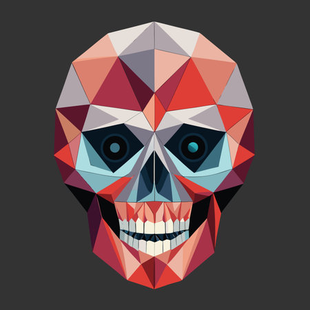 Vibrant low-poly skull design with bold colors and sharp edges, ideal for Halloween, Dia de los Muertos, gaming, apparel, and digital art projects. High-resolution PNG with transparency for  integration.のイラスト素材
