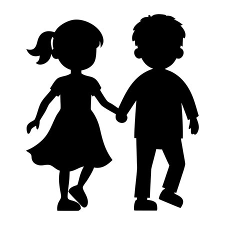 Charming silhouette of a young girl and boy holding hands, perfect for family, friendship, or childhood themes in marketing, education, and social media designs.のイラスト素材