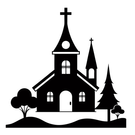 Minimalist black and white line art of a traditional church with steeples and trees, perfect for religious, holiday, or educational designs. Ideal for web graphics, print media, and digital projects requiring transparent PNG assets.のイラスト素材