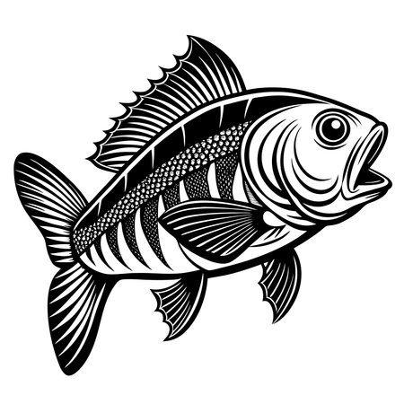 High-quality illustration of a striped bass fish with detailed scales and fins, perfect for aquatic-themed designs, educational materials, and commercial projects requiring transparent PNG assets.のイラスト素材
