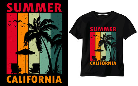 A vector illustration of a summer California themed t-shirt design, featuring palm trees, beach...