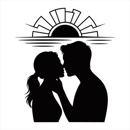 Elegant black silhouette of a couple sharing a romantic kiss beneath a decorative archway. Ideal for love-themed designs, wedding invitations, Valentine's Day graphics, and relationship marketing.のイラスト素材