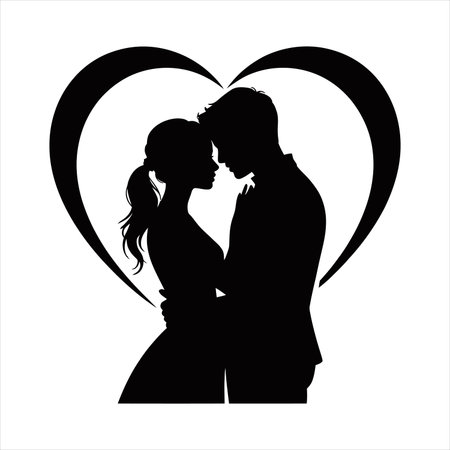 Elegant black silhouette of a couple sharing a tender kiss framed within a heart shape. Ideal for romantic themes, Valentine's Day campaigns, wedding invitations, and love-themed digital designs.のイラスト素材