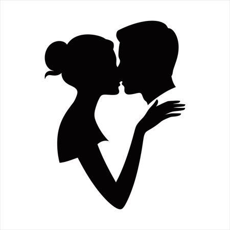 Elegant black silhouette of a couple sharing a romantic kiss, perfect for love-themed designs, wedding invitations, Valentine's Day graphics, and digital marketing projects. High-quality PNG with transparency for  integration.のイラスト素材