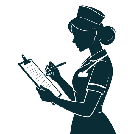 Professional vector illustration of a flight attendant reviewing safety procedures, ideal for aviation, travel, and customer service marketing materials.のイラスト素材