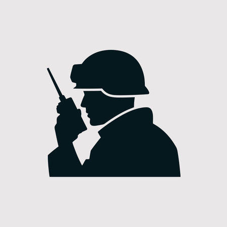 Minimalist flat design vector of a soldier with helmet and walkie talkie, ideal for military,...