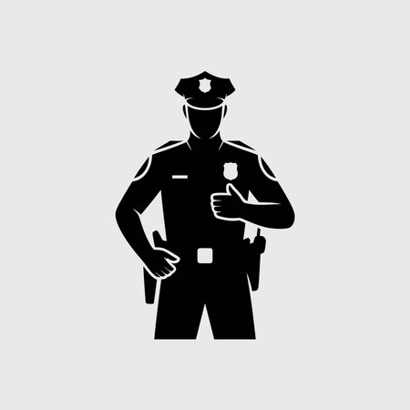 Friendly police officer in uniform showing approval with a thumbs up gesture, ideal for safety...