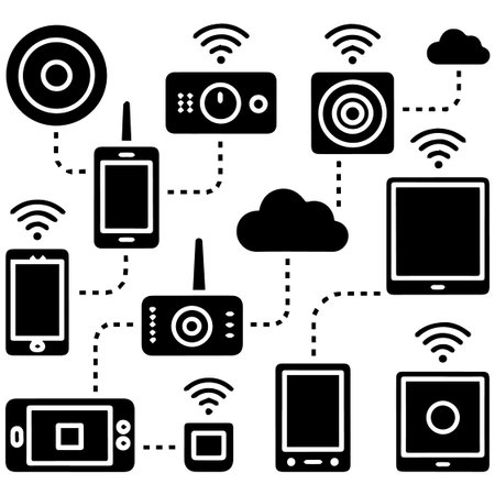 a black and white vector illustration of various devices connected to the cloud via , representing...