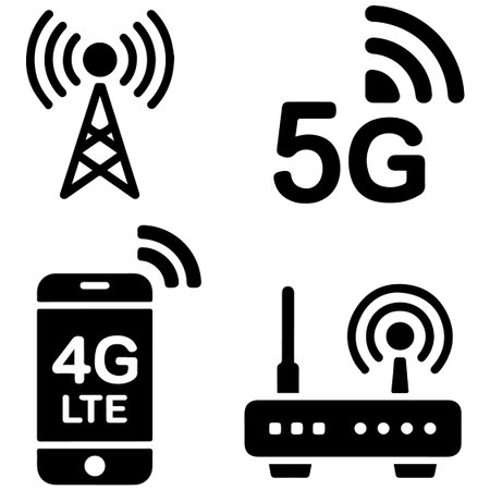 A graphic design featuring 5G and 4G LTE wireless network symbols for technology and communication...