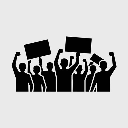Flat design vector of diverse people raising empty placards in unity, ideal for activism, social...