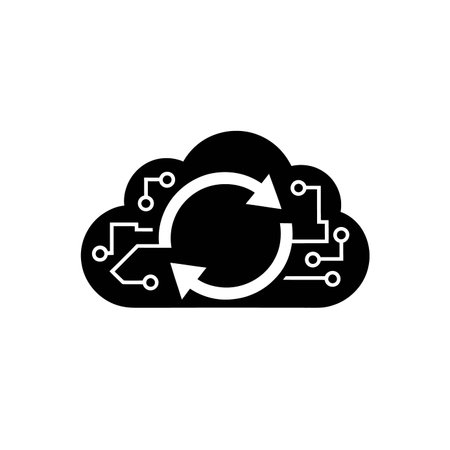 Minimalist flat design cloud icon with circular sync arrow, ideal for tech, business, and digital...