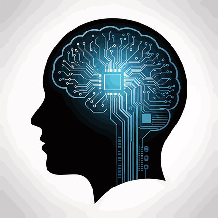 Modern flat design vector illustration of a brain integrated with digital circuits, ideal for tech,...