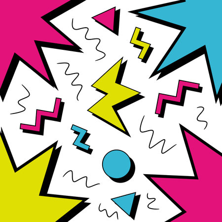 A colorful and dynamic composition of geometric shapes in a Memphis style, perfect for use in...