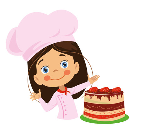 cute chef girl preparing strawberry cakeのイラスト素材