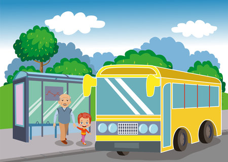 Boy Helping Old Uncle At Bus Stopのイラスト素材