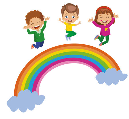 happy kids jumping on rainbow learning colorsのイラスト素材