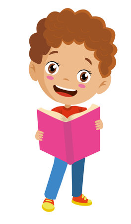 happy and cute boy student reading a bookのイラスト素材