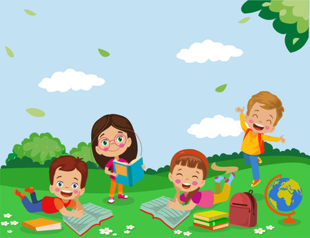cute kids having fun reading booksのイラスト素材