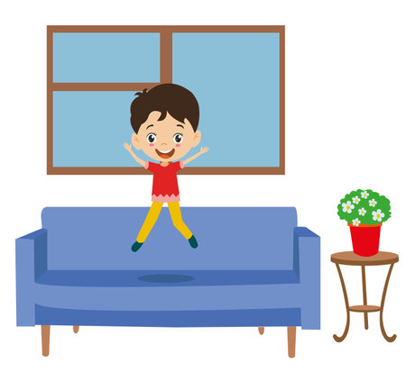 naughty boy jumping on sofaのイラスト素材