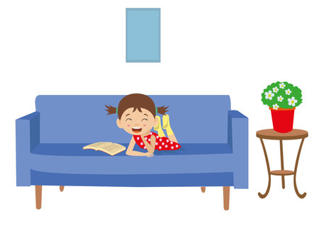 girl lying on sofa reading a bookのイラスト素材