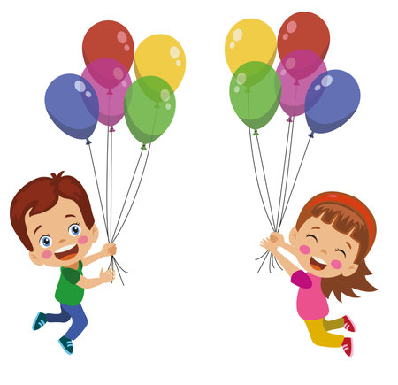 Happy Kids Flying With Balloonsのイラスト素材