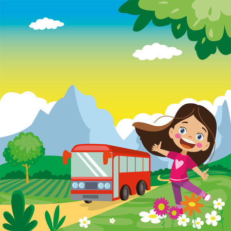 The Bus Is Coming. Beautiful Girl Meeting The Bus In The Forestのイラスト素材