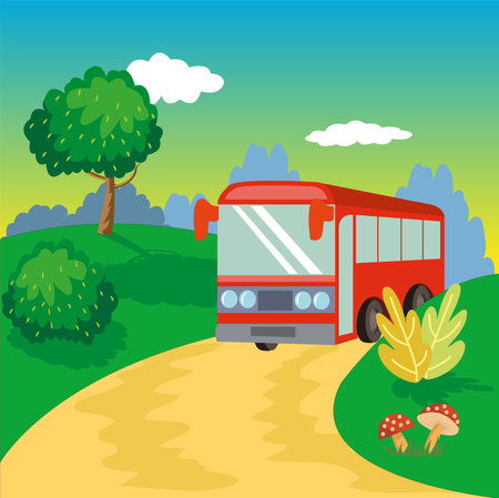 The Bus Is Moving In The Landscapeのイラスト素材