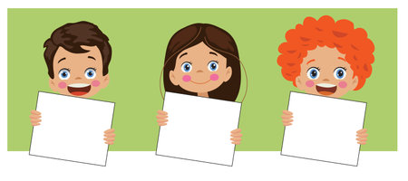 cute happy energetic students holding banner text hereのイラスト素材