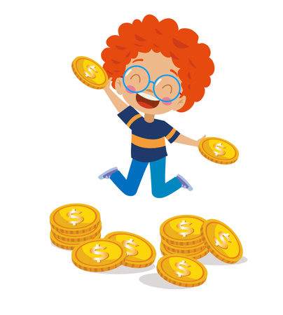 dollar icon piggy bank and coins with cute boyのイラスト素材