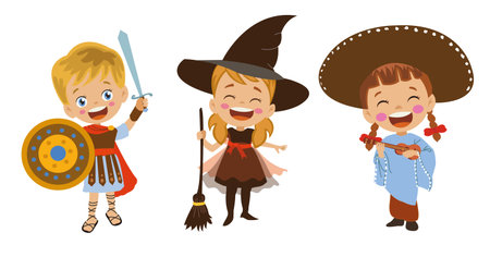 roman military witch with flying broomstick and cute kids in costume dressed in mexican outfitのイラスト素材