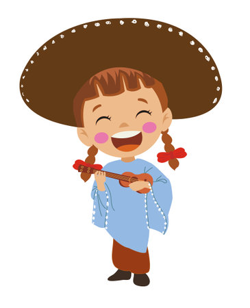 cute girl in mexican costume with tiny guitarのイラスト素材