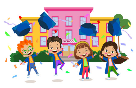 cute kid graduating graduation throwing capのイラスト素材