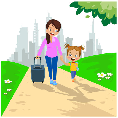 mother and daughter walking in the park with suitcasesのイラスト素材