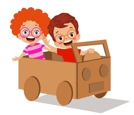 kids having fun with toy car out of cardboard boxのイラスト素材