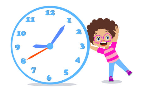 cute happy kid holding clockのイラスト素材
