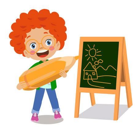 cute boy drawing on blackboard with huge pencilのイラスト素材