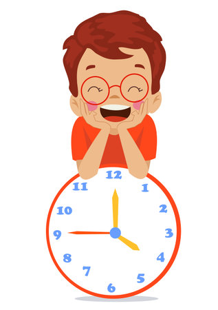 cute happy kid holding clockのイラスト素材