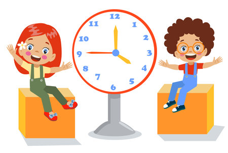 cute happy kid holding clockのイラスト素材