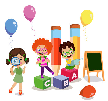 Kids playing with bricks and educational games in kindergarten room. Kids play together in kindergarden. Poster with the place for your text. Playroom with childrenのイラスト素材