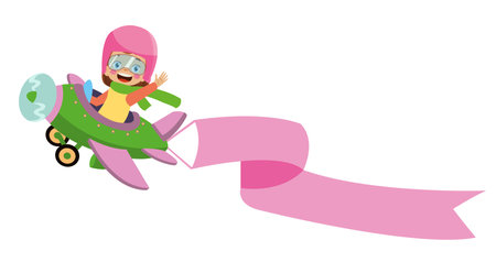 Little pilot kids on airplane with white and pink blank bannerのイラスト素材