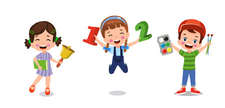 back to school school classroom and cute happy studentsのイラスト素材
