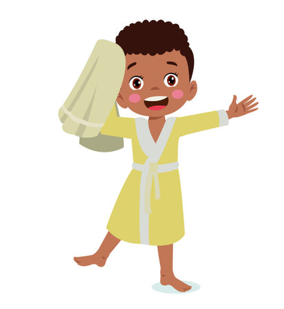 Little boy wearing bathrobe standing with towel vector imageのイラスト素材