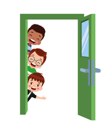 cute kids looking through the doorのイラスト素材