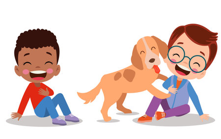 happy cute little kid play with dogのイラスト素材