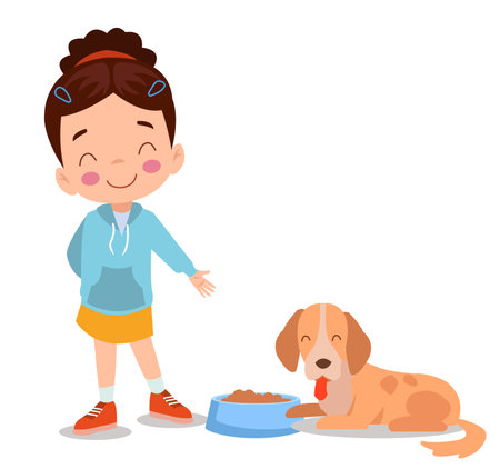 happy cute little kid play with dogのイラスト素材