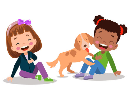 happy cute little kid play with dogのイラスト素材