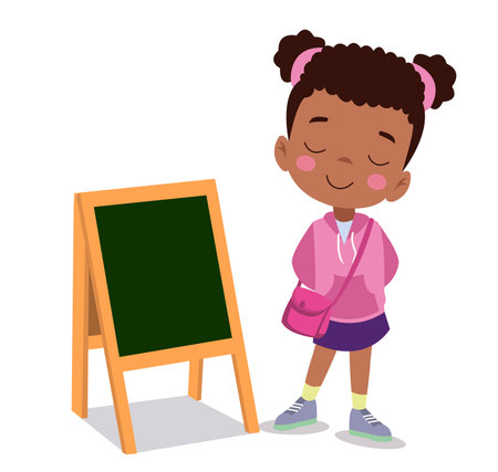 classroom board and cute little boy next to itのイラスト素材