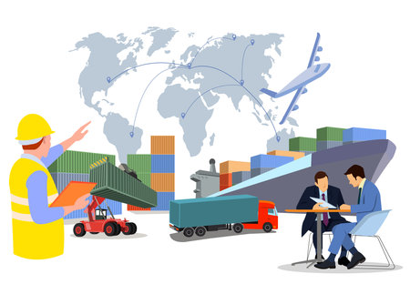 Logistics and shipping of container truck at ship port for business Container Cargo ship and cargo plane with crane bridge working at shipyard at sunrise, logistics import export and shippingのイラスト素材
