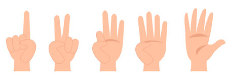 Vector illustration of hands and numbers with fingers. Human hand and number gesture isolated on white backgroundのイラスト素材