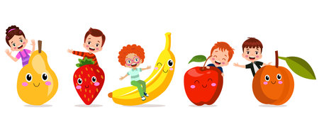 Funny Flat Cartoon Happy Yummy Fruits and kids icons clip art vector illustrationのイラスト素材